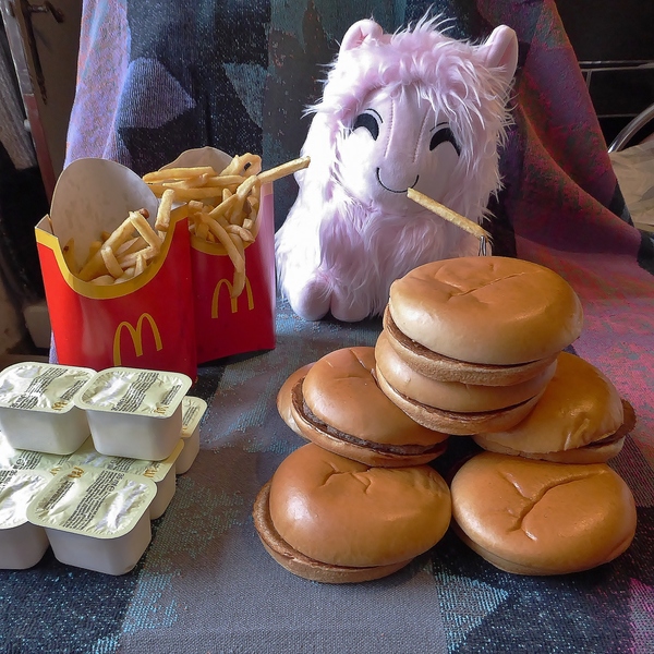 Size: 2991x2993 | Tagged: safe, derpibooru import, oc, oc:fluffle puff, pony, burger, date, female, food, french fries, image, irl, jpeg, mare, mcdonald's, photo, plushie, restaurant