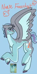 Size: 1026x2048 | Tagged: safe, artist:whimday, derpibooru import, doctor high fever, pegasus, pony, g4, alternate design, alternate name, hat, image, jpeg, male, nurse hat, solo, spread wings, stallion, unshorn fetlocks, wings