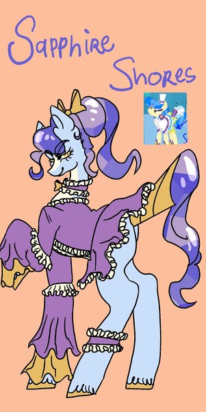 Size: 1026x2048 | Tagged: safe, artist:whimday, derpibooru import, sapphire shores, earth pony, pony, g4, alternate design, bow, choker, clothes, dress, female, hair bow, image, jpeg, mare, screencap reference, solo