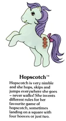 Size: 550x1000 | Tagged: safe, derpibooru import, official, hopscotch, earth pony, pony, g1, bow, cute, female, g1 backstory, hooves, hopscawwtch, image, jpeg, mare, my little pony fact file, open mouth, open smile, rearing, smiling, solo, tail, tail bow, text