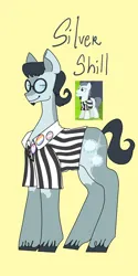 Size: 1026x2048 | Tagged: safe, artist:whimday, derpibooru import, silver shill, earth pony, pony, g4, alternate design, clothes, facial hair, glasses, goatee, image, jpeg, male, pride, pride flag, screencap reference, shirt, solo, stallion, transgender pride flag