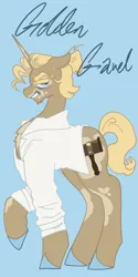 Size: 1026x2048 | Tagged: safe, artist:whimday, derpibooru import, golden gavel, vance van vendington, pony, unicorn, g4, alternate design, chest fluff, clothes, horn, image, jpeg, male, shirt, solo, stallion