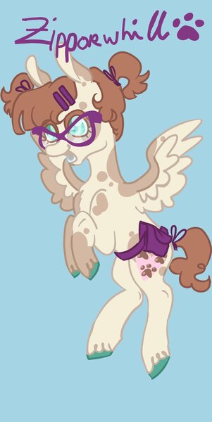 Size: 1026x2048 | Tagged: safe, artist:whimday, derpibooru import, zippoorwhill, pegasus, pony, g4, alternate design, bag, belt, female, flying, glasses, hairclip, image, jpeg, solo, spread wings, wings