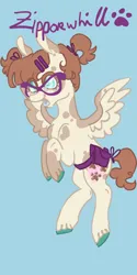 Size: 1026x2048 | Tagged: safe, artist:whimday, derpibooru import, zippoorwhill, pegasus, pony, g4, alternate design, bag, belt, female, flying, glasses, hairclip, image, jpeg, solo, spread wings, wings