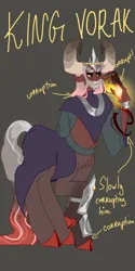 Size: 1026x2048 | Tagged: safe, artist:whimday, derpibooru import, king vorak, centaur, taur, g4, anatomically incorrect, beard, clothes, cloven hooves, corrupted, facial hair, image, incorrect leg anatomy, jewelry, jpeg, magic, male, peytral, regalia, solo