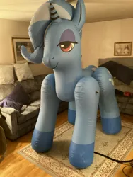 Size: 2448x3264 | Tagged: safe, artist:tbolt, derpibooru import, trixie, inflatable pony, pony, g4, bootleg, carpet, colored hooves, couch, eyeshadow, female, framed picture, hongyi, hooves, image, indoors, inflatable, inflatable unicorn, inflation valve, irl, jpeg, lidded eyes, makeup, mare, opaque inflatable, photo, seams, solo, standing