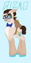 Size: 1026x2048 | Tagged: safe, artist:whimday, derpibooru import, gizmo, earth pony, pony, g4, acne, alternate design, backpack, bowtie, bucktooth, facial hair, glasses, image, jpeg, male, shirtless shirt collar, solo, stallion, unshorn fetlocks