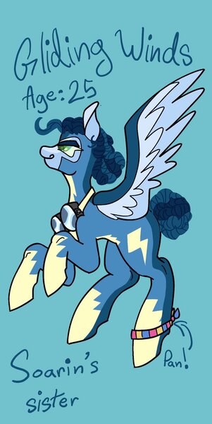 Size: 1026x2048 | Tagged: safe, artist:whimday, derpibooru import, oc, oc:gliding winds, unofficial characters only, pegasus, pony, aviator goggles, clothes, female, flying, goggles, image, jpeg, leg band, mare, pansexual pride flag, pride, pride flag, solo, spread wings, uniform, wings, wonderbolts uniform