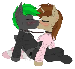 Size: 6314x5798 | Tagged: safe, artist:al solae, derpibooru import, oc, oc:bytewave, oc:caramel sweet, unofficial characters only, pegasus, pony, unicorn, blushing, cheek fluff, clothes, collar, duo, duo male, ear blush, ear fluff, eyes closed, gay, hoodie, horn, image, kissing, leash, male, pegasus oc, png, simple background, socks, stallion, transparent background, unicorn oc, wings