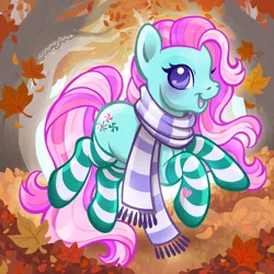 Size: 2400x2400 | Tagged: safe, artist:sparkytopia, derpibooru import, minty, earth pony, pony, g3, autumn, blushing, clothes, commission, female, image, leaves, looking at you, mare, open mouth, open smile, outdoors, pink mane, png, purple eyes, scarf, signature, smiling, socks, solo, striped scarf, striped socks, teal coat, ych example, your character here