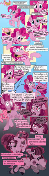 Size: 475x1683 | Tagged: questionable, artist:atcpony, derpibooru import, part of a set, pinkie pie, alternate cutie mark, areola, aura, bimbo, bimbo pie, bimboification, bimbony, black text, blue eyes, breaking the fourth wall, breasts, chestbreasts, clothes, cloven hooves, colored hooves, comic panel, corrupted, corrupted element of harmony, corrupted pinkie pie, cutie mark, dark areola, devil tail, ear piercing, element of laughter, english, exclamation point, eyebrows, eyelashes, eyeshadow, fishnet clothing, fishnets, glow, goth, goth pony, gothic pinkie, gradient background, heart, heart eyes, hooves, horns, image, jpeg, magic, magic aura, magic glow, magical glow, makeup, misspelling, nipple piercing, nipples, nose piercing, nostril piercing, nostrils, nudity, onomatopoeia, part of a series, piercing, pink hair, pink mane, pink text, question mark, socks, sound effects, speech bubble, stockings, striped hair, striped mane, tail, text, thigh highs, transformation, transformation sequence, unsound effect, wall of tags, wingding eyes, word bubble