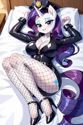 Size: 3072x4608 | Tagged: source needed, suggestive, ai content, derpibooru import, machine learning generated, prompter:the emissary, rarity, anthro, unicorn, g4, bed, belt, blushing, breasts, clothes, fishnet clothing, fishnet pantyhose, high heels, horn, image, latex, latex uniform, looking at you, pantyhose, pillow, png, police hat, police uniform, shoes, smiling, stylized suit, sultry pose