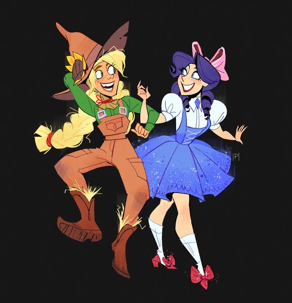 Size: 2713x2823 | Tagged: safe, artist:polochka_art, derpibooru import, applejack, rarity, sunflower spectacle, human, g4, alternate hairstyle, black background, blushing, boots, bow, clothes, coat markings, cosplay, costume, crossover, dorothy gale, dress, duo, duo female, ear piercing, earring, eyeshadow, female, freckles, grin, hair bow, hat, humanized, image, jewelry, jpeg, lesbian, lipstick, looking at each other, looking at someone, makeup, open mouth, overalls, piercing, rarijack, ruby slippers, scarecrow, shipping, shoes, simple background, smiling, socks, socks (coat marking), stockings, straw, straw hat, sweater, the scarecrow (oz), the wizard of oz, thigh highs