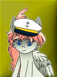 Size: 2480x3338 | Tagged: safe, artist:imaginijm, derpibooru import, oc, oc:tea dip, unofficial characters only, pegasus, pony, equestria at war mod, eyebrows, female, gradient background, hat, ibispaint x, image, mare, pegasus oc, png, simple background, sitting, smiling, smirk, solo, wings, yellow background