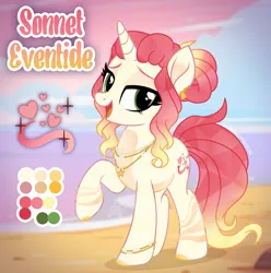 Size: 2091x2104 | Tagged: safe, artist:lovinglypromise, derpibooru import, oc, oc:sonnet eventide, unofficial characters only, crystal pony, pony, unicorn, beach, bracelet, cloven hooves, color palette, colored hooves, dark belly, female, gradient mane, gradient tail, green eyes, hair bun, hooves, horn, image, jewelry, leg stripes, lidded eyes, mare, necklace, open mouth, open smile, png, raised hh, raised hoof, reference sheet, smiling, solo, standing, stripes, tail, unicorn oc