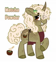 Size: 1686x1864 | Tagged: safe, artist:pink-pone, derpibooru import, oc, oc:matcha powder, unofficial characters only, pony, unicorn, apron, beanbrows, body freckles, brown eyes, butt freckles, clothes, curved horn, ear freckles, eye clipping through hair, eyebrows, eyebrows visible through hair, female, freckles, green background, grin, hairclip, horn, horn freckles, image, jpeg, leg freckles, mare, nervous, nervous grin, raised hoof, shiny hooves, simple background, smiling, solo