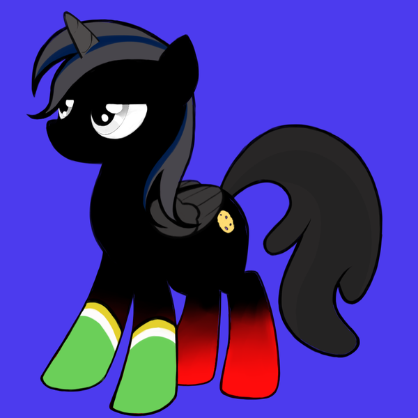 Size: 1024x1024 | Tagged: safe, artist:lyra heartstrings13, derpibooru import, oc, unnamed oc, unofficial characters only, pegasus, pony, avatar maker: pony, blue background, clothes, colored horn, colored wings, dark background, female, folded wings, gradient legs, gray eyes, horn, image, mare, mismatched mane and tail, png, red and black oc, simple background, socks, solo, wings