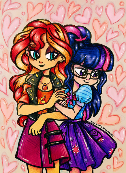 Size: 1340x1838 | Tagged: safe, artist:dariarchangel, derpibooru import, sci-twi, sunset shimmer, twilight sparkle, human, equestria girls, g4, adorable face, arm in arm, bangs, bare shoulders, black eyeshadow, black lipstick, bow, choker, clothes, couple, cute, cute face, cute smile, cutie mark, cutie mark on clothes, daaaaaaaaaaaw, doodle, duo, duo female, ear piercing, earring, eyeshadow, female, geode of empathy, glasses, heart, high ponytail, hnnng, hug, human coloration, image, in love, jewelry, lesbian, lipstick, long hair, looking at each other, looking at someone, looking down, loving gaze, magical geodes, makeup, multicolored hair, necklace, piercing, png, pocket, pretty, puffy sleeves, sci-twiabetes, shimmerbetes, ship:sci-twishimmer, shipping, shirt, shy, shy smile, skirt, smiling, smiling at each other, spikes, sunset shimmer's skirt, sunsetsparkle, sweet dreams fuel, traditional art, twiabetes, two toned hair, weapons-grade cute