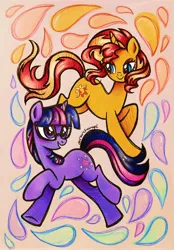 Size: 2164x3112 | Tagged: safe, artist:dariarchangel, derpibooru import, sci-twi, sunset shimmer, twilight sparkle, pony, unicorn, equestria girls, :d, blushing, c:, color contrast, cute, doodle, duo, duo female, equestria girls ponified, female, horn, image, in the air, jpeg, lesbian, lidded eyes, looking at each other, looking at someone, multicolored hair, multicolored mane, multicolored tail, open mouth, open smile, opposites attract, orange coat, purple coat, purple eyes, purple smart, raised hoof, sci-twiabetes, shimmerbetes, ship:sci-twishimmer, shipping, smiling, sunsetsparkle, tail, traditional art, twiabetes, two toned hair, two toned mane, two toned tail, unicorn sci-twi, wind, windswept hair, windswept mane, windswept tail