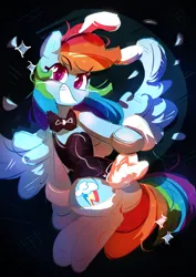 Size: 2550x3600 | Tagged: suggestive, artist:pakmur, derpibooru import, rainbow dash, pegasus, pony, g4, bunny ears, bunny suit, clothes, female, grin, image, looking at you, playboy bunny rainbow dash, png, smiling, smiling at you, socks, solo, stars, stockings, tail, thigh highs