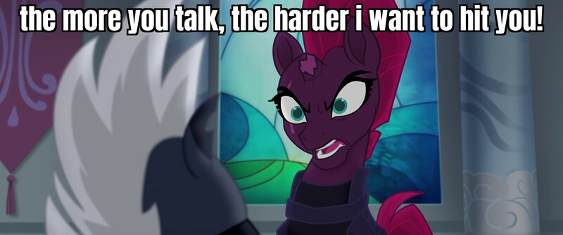 Size: 1920x804 | Tagged: safe, derpibooru import, edit, edited screencap, screencap, grubber, tempest shadow, pony, unicorn, g4, my little pony: the movie, angry, armor, broken horn, caption, duo, eye scar, facial scar, faic, horn, image, image macro, jpeg, scar, shadow the hedgehog, sonic the hedgehog (series), sonic the hedgehog 3 (film), stained glass, text