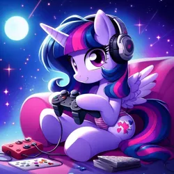 Size: 1024x1024 | Tagged: safe, ai content, derpibooru import, machine learning generated, prompter:bluey2309, twilight sparkle, twilight sparkle (alicorn), alicorn, g4, controller, couch, female, headphones, image, moon, night, png, stars, video game