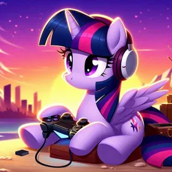 Size: 1024x1024 | Tagged: safe, ai content, derpibooru import, machine learning generated, prompter:bluey2309, twilight sparkle, twilight sparkle (alicorn), alicorn, g4, controller, female, headphones, image, png, video game