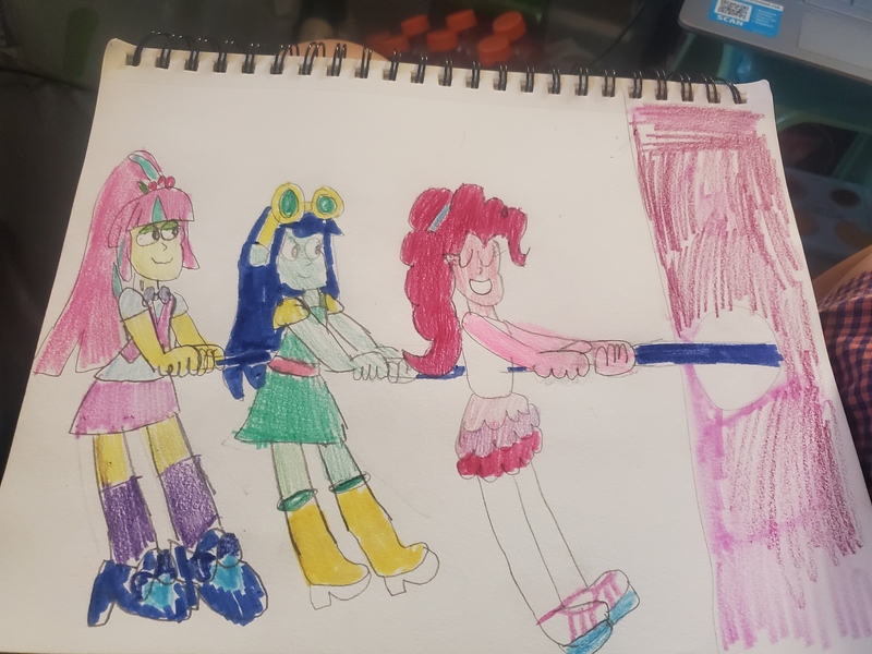 Size: 4032x3024 | Tagged: safe, artist:batman714, derpibooru import, blueberry cake, pinkie pie, sour sweet, human, equestria girls, g4, image, jpeg, pulling, rope, traditional art, tree