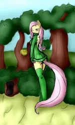 Size: 768x1280 | Tagged: dead source, safe, artist:avante92, derpibooru import, fluttershy, anthro, pegasus, blushing, clothes, female, image, jpeg, solo, solo female, sweater, tree