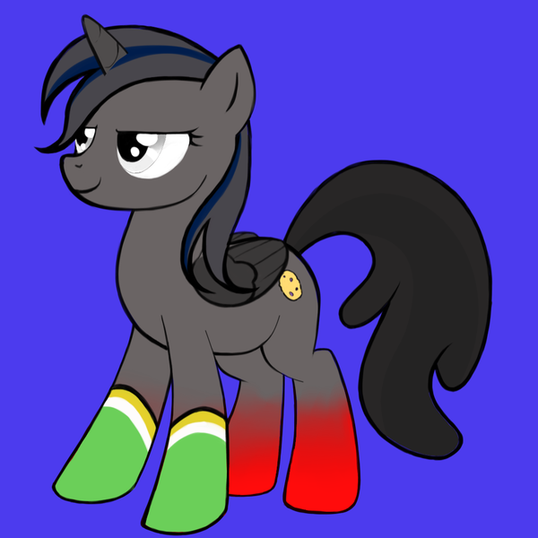 Size: 1024x1024 | Tagged: safe, artist:lyra heartstrings13, derpibooru import, oc, unnamed oc, unofficial characters only, pegasus, pony, avatar maker: pony, blue background, clothes, colored horn, colored wings, dark background, female, folded wings, gradient legs, gray eyes, horn, image, mare, mismatched mane and tail, png, red and black oc, simple background, socks, solo, wings