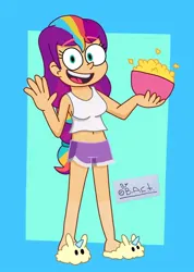 Size: 552x774 | Tagged: safe, artist:garybaldor, derpibooru import, sunny starscout, human, equestria girls, g4, g5, belly button, braided ponytail, clothes, cute, equestria girls-ified, eyebrows visible through hair, food, g5 to equestria girls, g5 to g4, generation leap, hair tie, happy, humanized, image, jpeg, mane stripe sunny, midriff, open smile, pajamas, popcorn, shorts, signature, slippers, square background, waving