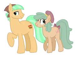 Size: 2381x1743 | Tagged: safe, artist:queertrixie, derpibooru import, oc, oc:apple blossom, oc:buck brashley, unofficial characters only, earth pony, pony, bandana, beret, bow, duo, female, hat, image, magical lesbian spawn, male, mare, next generation, offspring, parent:applejack, parent:coco pommel, png, raised hoof, siblings, stallion, tail, tail bow