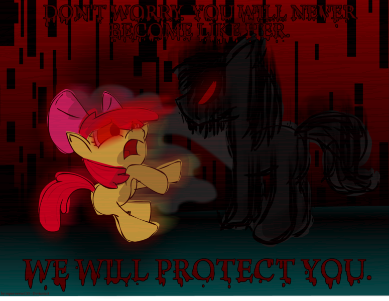 Size: 1415x1095 | Tagged: dead source, grimdark, artist:super-eevee133, derpibooru import, apple bloom, pony, undead, zombie, zombie pony, story of the blanks, g4, bad end, blanked apple bloom, creepypasta, everfree forest, female, filly, foal, image, nightmare fuel, png, scared, soulless