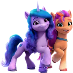 Size: 3018x3060 | Tagged: safe, derpibooru import, official, izzy moonbow, sunny starscout, earth pony, pony, unicorn, g5, my little pony: make your mark, bracelet, duo, duo female, female, g5 brand assets, horn, image, jewelry, looking at you, mane stripe sunny, mare, open mouth, open smile, png, raised hoof, simple background, smiling, smiling at you, sunny's bag, transparent background, unshorn fetlocks