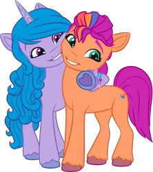 Size: 3125x3522 | Tagged: safe, derpibooru import, official, izzy moonbow, sunny starscout, earth pony, pony, unicorn, g5, .ai available, .svg available, bracelet, duo, duo female, female, g5 brand assets, horn, hug, image, jewelry, mane stripe sunny, mare, png, simple background, smiling, transparent background, underhoof, unshorn fetlocks, vector