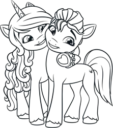 Size: 3127x3524 | Tagged: safe, derpibooru import, official, izzy moonbow, sunny starscout, earth pony, pony, unicorn, g5, .ai available, .svg available, bracelet, duo, duo female, female, g5 brand assets, horn, hug, image, jewelry, lineart, mane stripe sunny, mare, png, simple background, smiling, transparent background, underhoof, unshorn fetlocks, vector