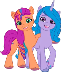 Size: 3118x3674 | Tagged: safe, derpibooru import, official, izzy moonbow, sunny starscout, earth pony, pony, unicorn, g5, .ai available, .svg available, bracelet, duo, duo female, female, g5 brand assets, horn, image, jewelry, looking at you, mane stripe sunny, mare, open mouth, open smile, png, simple background, smiling, smiling at you, transparent background, unshorn fetlocks, vector