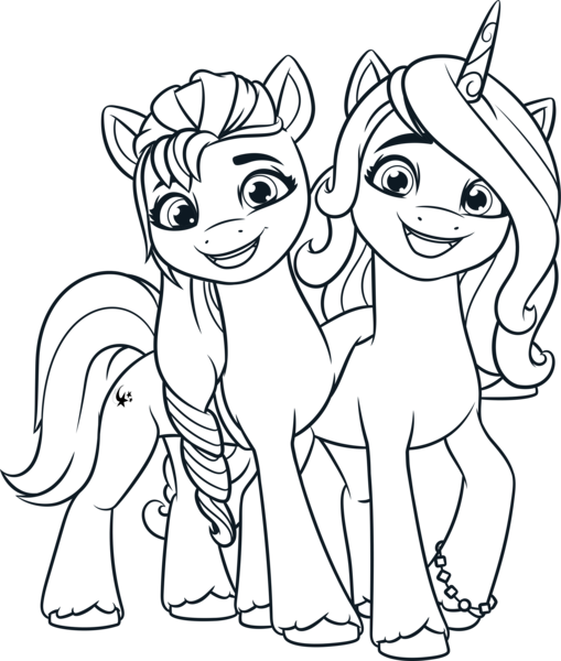 Size: 3119x3675 | Tagged: safe, derpibooru import, official, izzy moonbow, sunny starscout, earth pony, pony, unicorn, g5, .ai available, .svg available, bracelet, duo, duo female, female, g5 brand assets, horn, image, jewelry, lineart, looking at you, mane stripe sunny, mare, open mouth, open smile, png, simple background, smiling, smiling at you, transparent background, unshorn fetlocks, vector