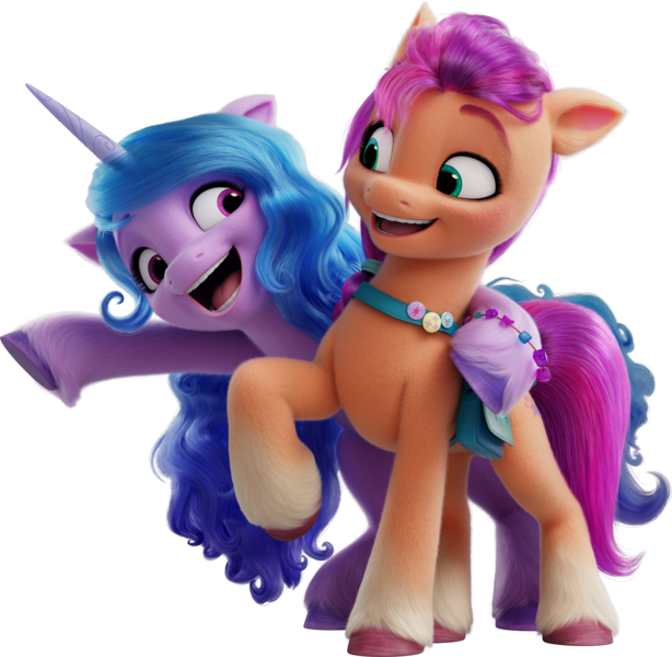 Size: 8303x8114 | Tagged: safe, derpibooru import, official, izzy moonbow, sunny starscout, earth pony, pony, unicorn, g5, my little pony: a new generation, bracelet, duo, duo female, eye contact, female, g5 brand assets, horn, image, jewelry, looking at each other, looking at someone, mare, open mouth, open smile, png, raised hoof, simple background, smiling, smiling at each other, transparent background, unshorn fetlocks