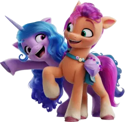 Size: 8303x8114 | Tagged: safe, derpibooru import, official, izzy moonbow, sunny starscout, earth pony, pony, unicorn, g5, my little pony: a new generation, bracelet, duo, duo female, eye contact, female, g5 brand assets, horn, image, jewelry, looking at each other, looking at someone, mare, open mouth, open smile, png, raised hoof, simple background, smiling, smiling at each other, transparent background, unshorn fetlocks