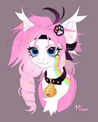 Size: 2800x3500 | Tagged: oc name needed, safe, artist:miurimau, derpibooru import, oc, unofficial characters only, ambiguous species, pony, >:3, bell, bell collar, blue eyes, bust, chest fluff, collar, ear fluff, ear tufts, femboy, feminine stallion, gift art, gradient mane, gray background, headband, image, male, png, portrait, simple background, solo, sparkles, sparkly mane, stallion