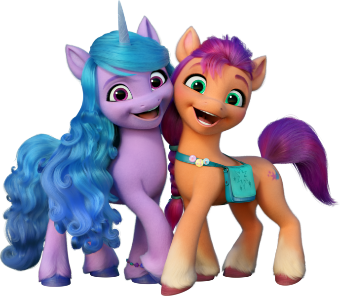 Size: 2879x2506 | Tagged: safe, derpibooru import, official, izzy moonbow, sunny starscout, earth pony, pony, unicorn, g5, my little pony: a new generation, duo, duo female, female, g5 brand assets, horn, image, looking at you, mare, open mouth, open smile, png, simple background, smiling, smiling at you, sunny's bag, transparent background, unshorn fetlocks