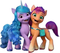 Size: 2879x2506 | Tagged: safe, derpibooru import, official, izzy moonbow, sunny starscout, earth pony, pony, unicorn, g5, my little pony: a new generation, duo, duo female, female, g5 brand assets, horn, image, looking at you, mare, open mouth, open smile, png, simple background, smiling, smiling at you, sunny's bag, transparent background, unshorn fetlocks