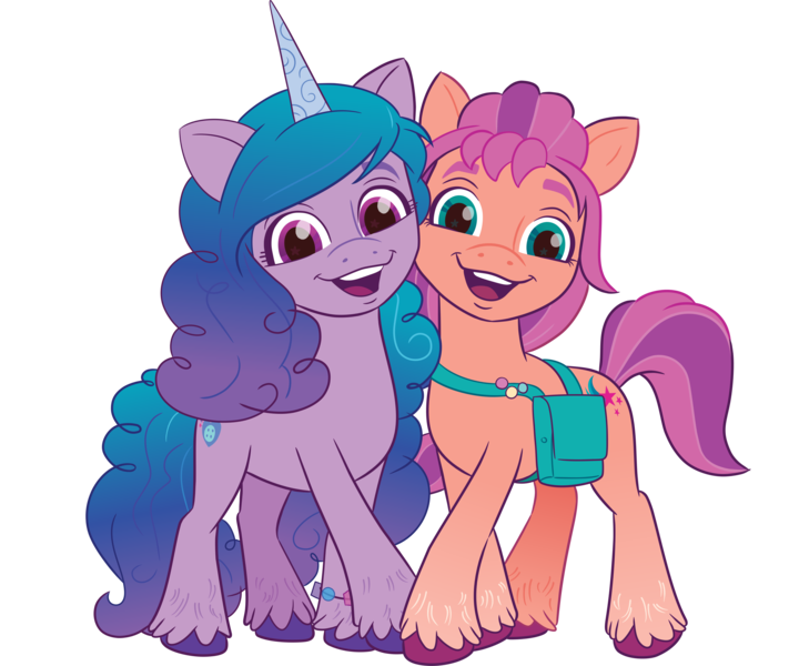 Size: 3453x2913 | Tagged: safe, derpibooru import, official, izzy moonbow, sunny starscout, earth pony, pony, unicorn, g5, my little pony: a new generation, .ai available, .svg available, duo, duo female, female, g5 brand assets, horn, image, looking at you, mare, open mouth, open smile, png, smiling, smiling at you, sparkles, sparkly eyes, sunny's bag, unshorn fetlocks, vector, wingding eyes