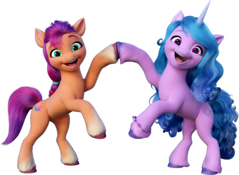 Size: 3381x2486 | Tagged: safe, derpibooru import, official, izzy moonbow, sunny starscout, earth pony, pony, unicorn, g5, my little pony: a new generation, bracelet, duo, duo female, female, g5 brand assets, hoofbump, horn, image, jewelry, looking at you, mare, open mouth, open smile, png, rearing, simple background, smiling, smiling at you, transparent background, unshorn fetlocks