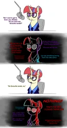 Size: 2195x4177 | Tagged: safe, artist:moonatik, derpibooru import, moondancer, pony, unicorn, equestria at war mod, g4, alternate hairstyle, alternate timeline, business suit, chair, clothes, colored sketch, female, hair bun, horn, image, internal screaming, interview, mare, microphone, necktie, new lunar millennium, nightmare takeover timeline, png, sketch, solo, suit, thoughts