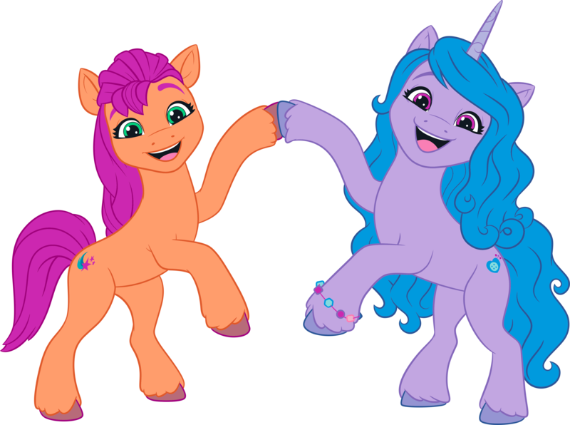 Size: 4793x3571 | Tagged: safe, derpibooru import, official, izzy moonbow, sunny starscout, earth pony, pony, unicorn, g5, my little pony: a new generation, .ai available, .svg available, bracelet, duo, duo female, female, g5 brand assets, hoofbump, horn, image, jewelry, looking at you, mare, open mouth, open smile, png, rearing, simple background, smiling, smiling at you, transparent background, unshorn fetlocks, vector