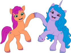 Size: 4793x3571 | Tagged: safe, derpibooru import, official, izzy moonbow, sunny starscout, earth pony, pony, unicorn, g5, my little pony: a new generation, .ai available, .svg available, bracelet, duo, duo female, female, g5 brand assets, hoofbump, horn, image, jewelry, looking at you, mare, open mouth, open smile, png, rearing, simple background, smiling, smiling at you, transparent background, unshorn fetlocks, vector