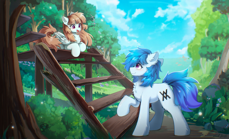 Size: 3727x2262 | Tagged: oc name needed, safe, artist:gale spark, derpibooru import, oc, unofficial characters only, earth pony, pegasus, pony, chest fluff, cloud, duo, duo male and female, ear fluff, earth pony oc, emanata, female, image, lying down, male, mare, outdoors, pegasus oc, png, stairs, stallion, tree, wings