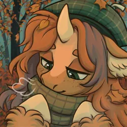 Size: 2048x2048 | Tagged: safe, artist:silly shark, derpibooru import, oc, unofficial characters only, pony, unicorn, autumn, autumn leaves, beret, bust, clothes, hat, high res, horn, image, jpeg, leaf, leaves, lidded eyes, portrait, scarf, smiling, solo, unshorn fetlocks